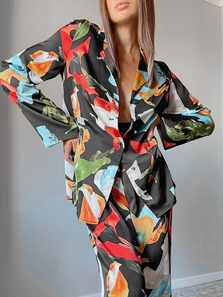 Women's Fashion Print Top Wide Leg Pants Suit