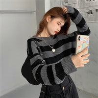 Short Top Women's Outer Wear Pullover Stripe Sweater