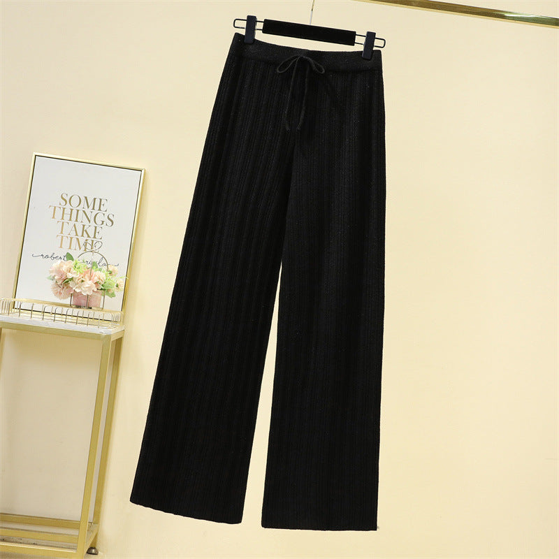 Elastic High Waist Pure Color Knitted Wide-leg Trousers