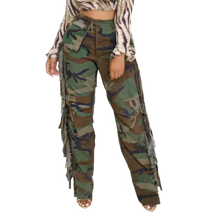 Women's Fashion Camouflage On Side Tassel Large Pocket Button Trousers