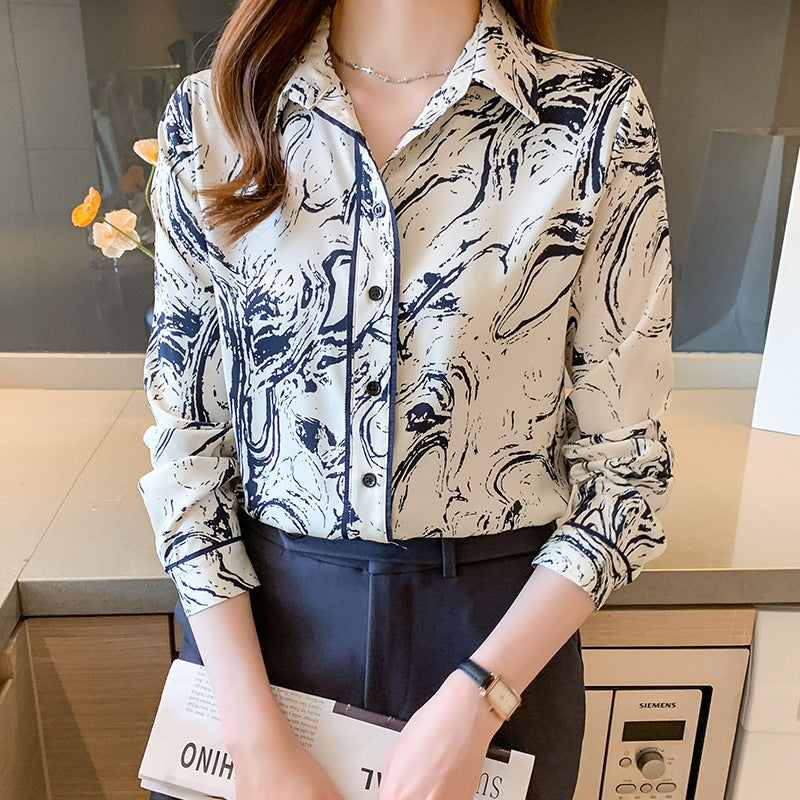 Women's Printed Long-sleeved Lapel Shirt