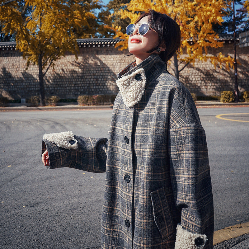 Loose And Thick Temperament Retro Plaid Mid-length Woolen Coat Women