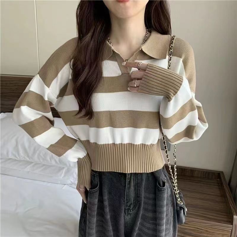 Polo Collar Stripes Knitwear Loose Small Short Sweater Autumn And Winter