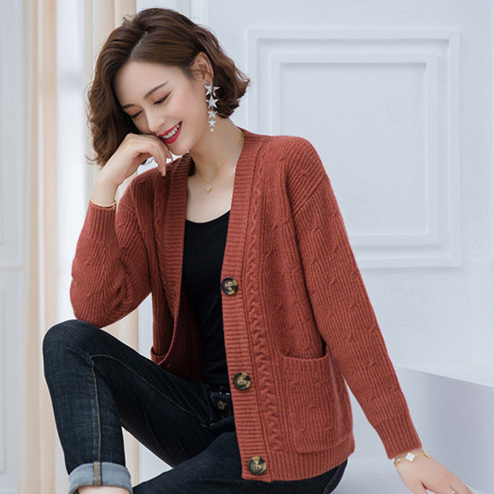 Wool Knit Cardigan Long Sleeve V-Neck Cropped