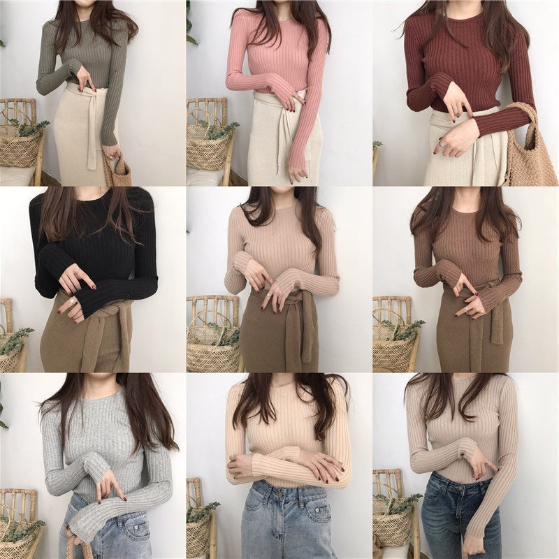 Women's Round Neck Cored Yarn Slimming Knitted Long Sleeve Slim Fit Skinny Warm Sweater