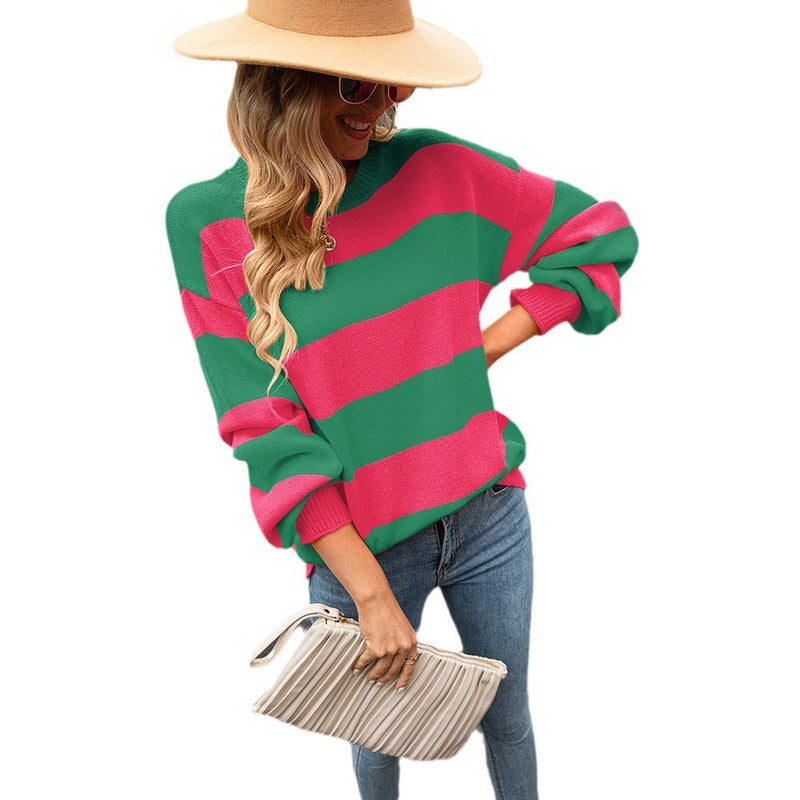 Patchwork Stripes Round Neck Urban Casual Sweater