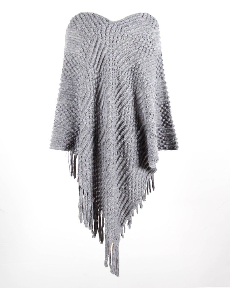 Fringed Cloak Shawl Hair Ball Solid Color Sweater