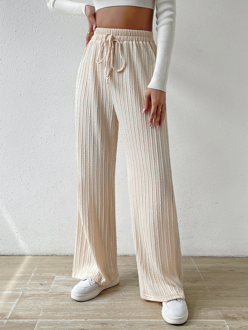 Knot Waist Texture Knitted Wide Leg Trousers Women's Clothing