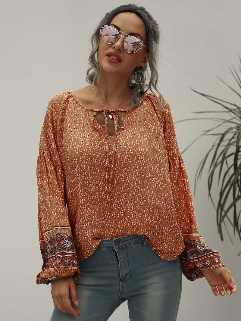 Vintage Ethnic Boho Print Tie Shirt