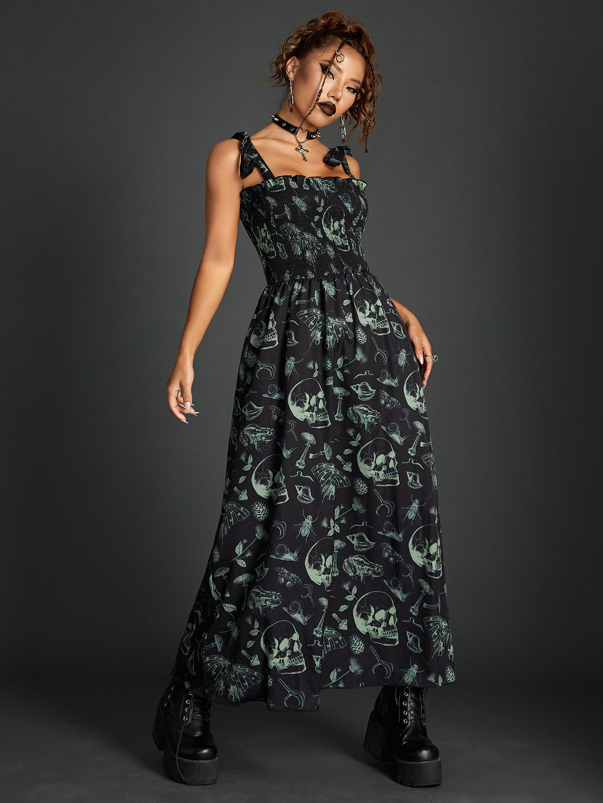 Dark Printing Smocking Lace-up Tube Top Dress