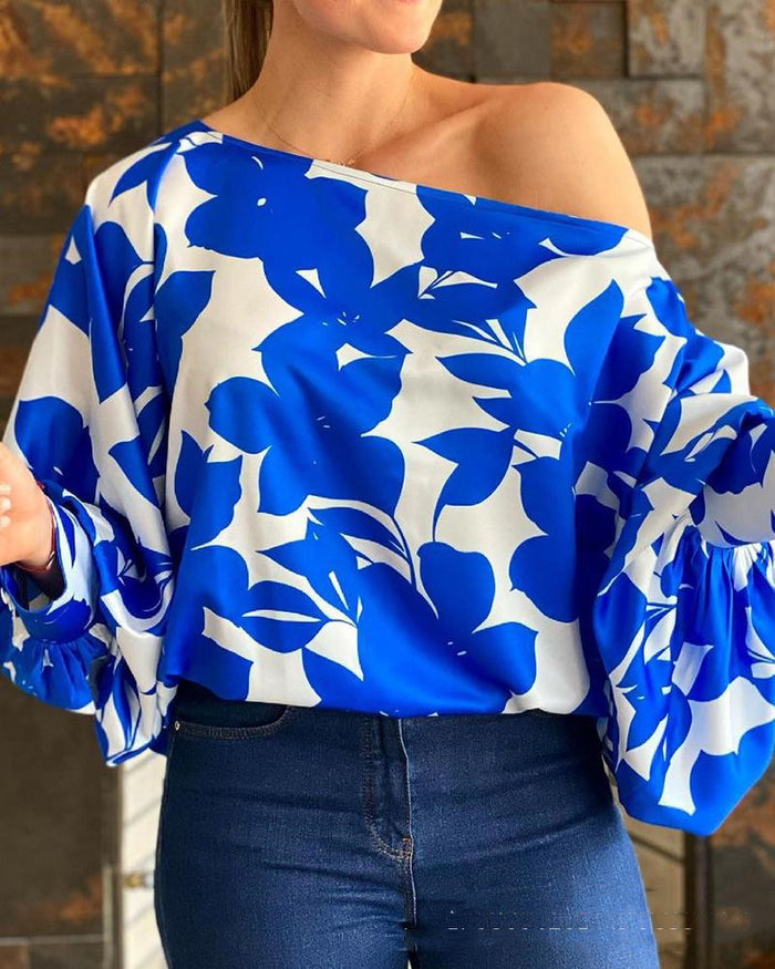 Women's Blue Off-shoulder Loose Print Top