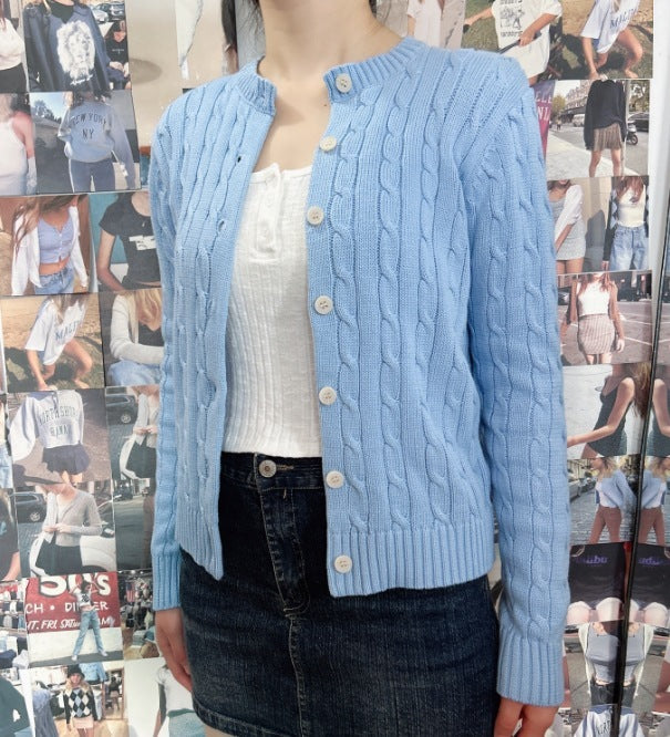 American Retro Blue Twist Knitted Cardigan