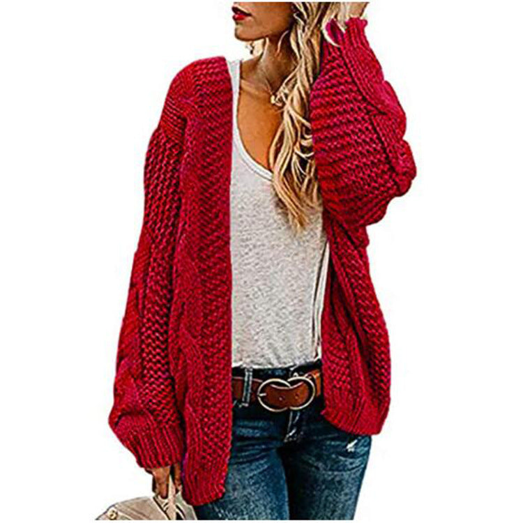 Women's Solid Color Thick Needle Loose Plus Size Knitwear Sweater Twist Cardigan