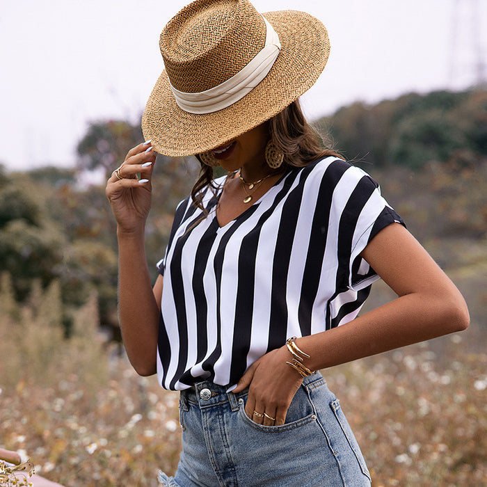 Spring Or Summer Striped V-Neck Short Sleeve Shirt Top T-Shirt