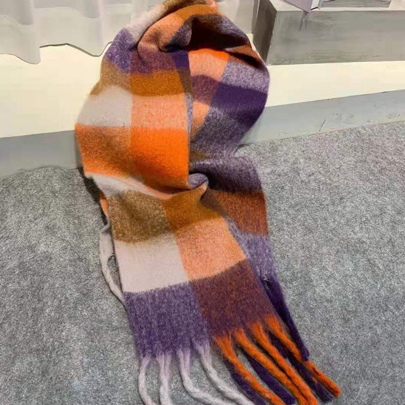 Warm Contrast Plaid Scarf With Big Fringe