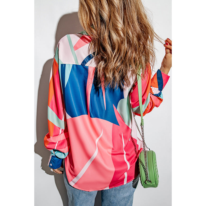 Printing Color Contrast Thin Long-sleeved Top For Women