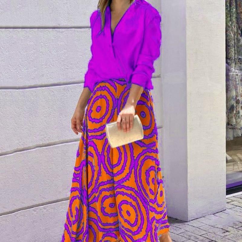 Long Sleeved Top Painted Half Skirt Casual Set