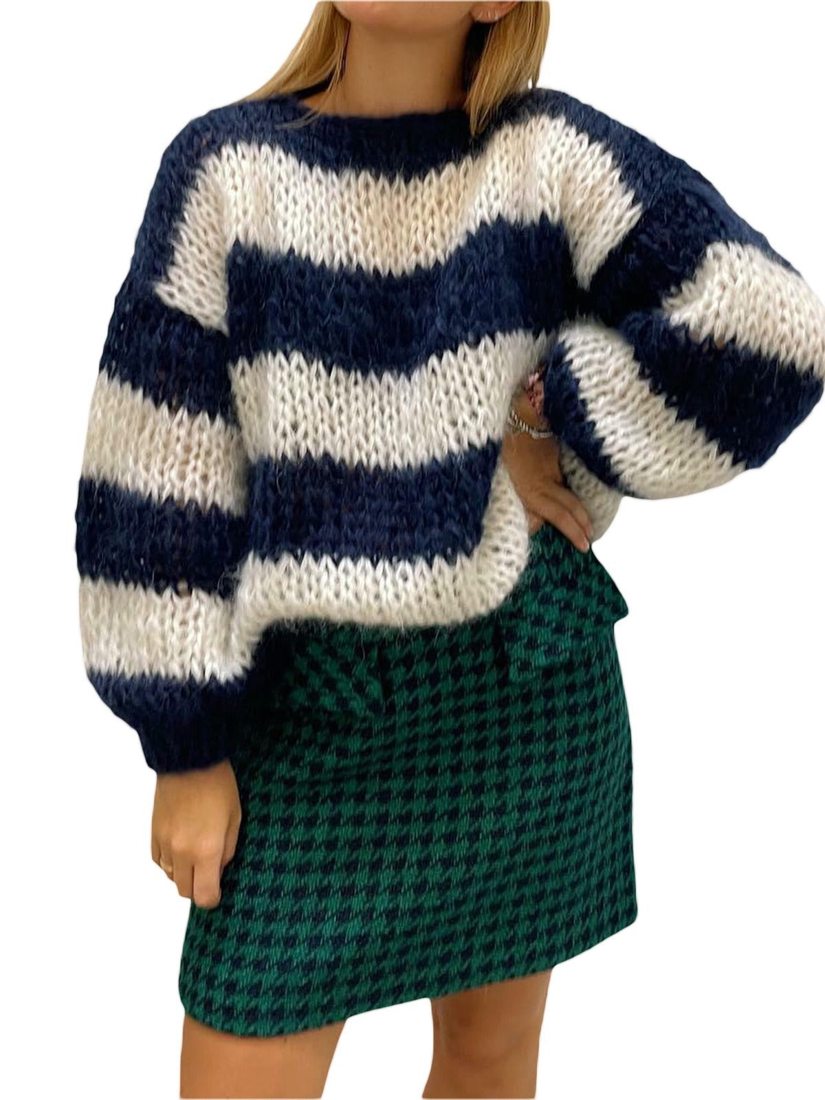 Round Neck Loose Blue And White Striped Sweater