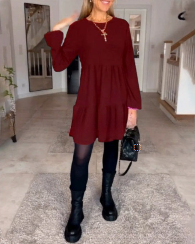 Round Neck Solid Color Stitching Long Sleeve Loose Dress Women