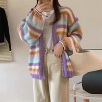 Rainbow Striped Knitted Cardigan For Women Loose Sweater Coat