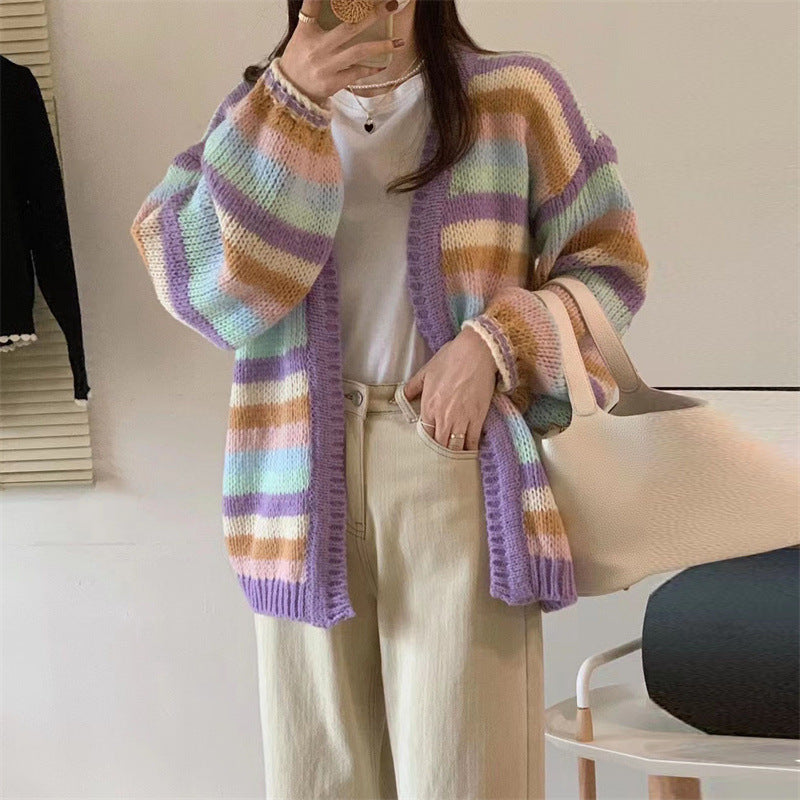 Rainbow Striped Knitted Cardigan For Women Loose Sweater Coat