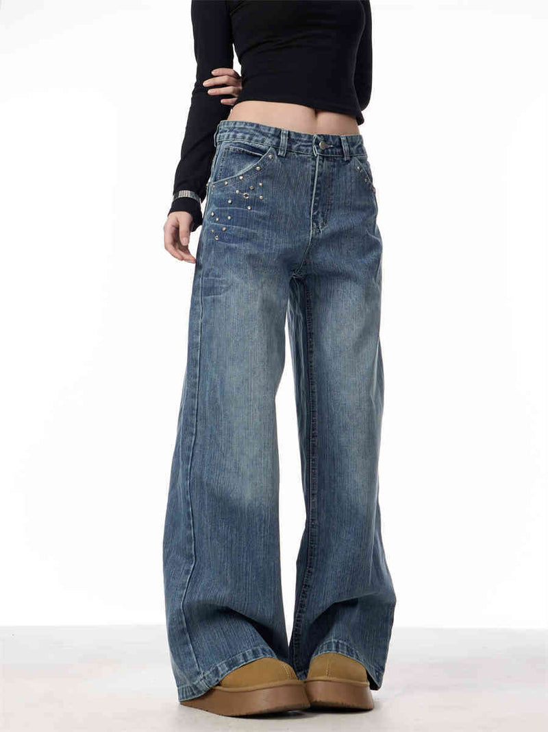 Women's Rivet High Waist Wide Leg Jeans Baggy Straight Trousers