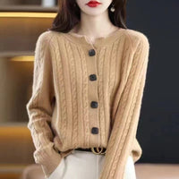 Autumn Short All-match Twist Cardigan Round Neck Loose Sweater Coat Knitted Long Sleeves Outer Match Thick