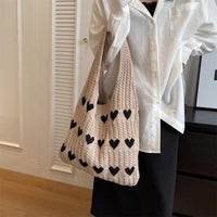 Fashion Large Capacity Heart-shaped Knitted Woven Shoulder Bag