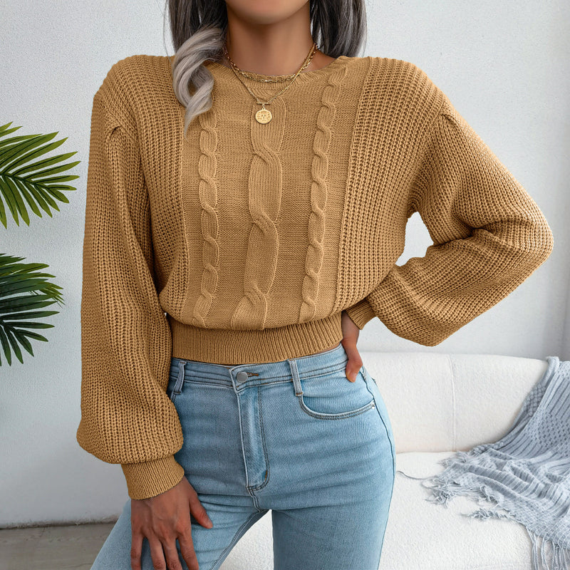 European And American Leisure Twist Lantern Sleeve Waist Trimming Knitted Sweater