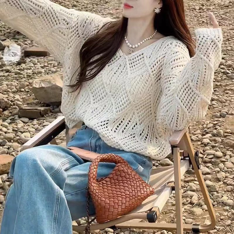 Hollow Sweater V-neck Long Korean Style Loose