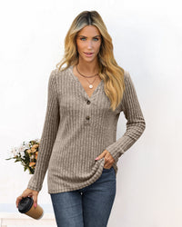 Solid Color And V-neck Long Sleeve T-shirt