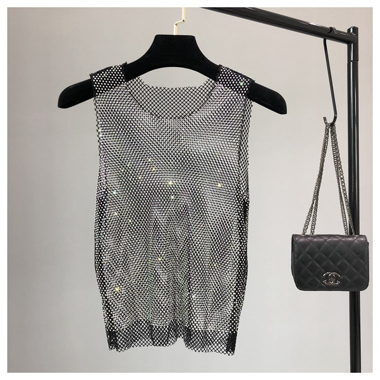 Rhinestone Mesh Waistcoat Women's Light Diamond Hollow Sleeveless Top