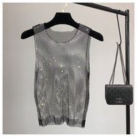 Rhinestone Mesh Waistcoat Women's Light Diamond Hollow Sleeveless Top