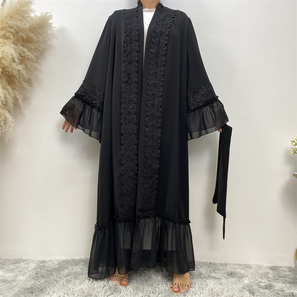 Black Flower Embroidered Lace Up Muslim Cardigan Robe