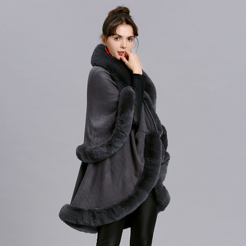 Fur Shawl And Fur Collar Knitted Cardigan Shawl Cloak