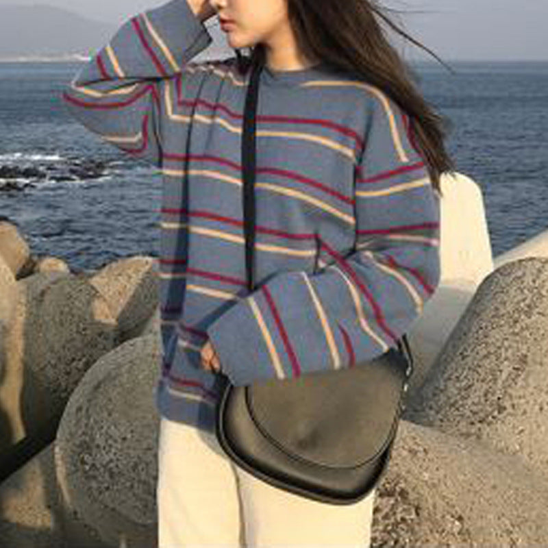 Women's Round Collar Sweater Women's Striped Sweater Loose And Idle