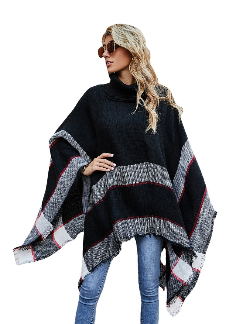 New Style High Collar Plaid Tassel Shawl Sweater Coat