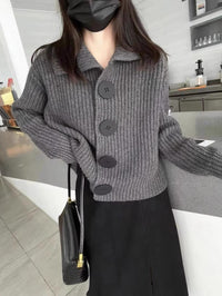 Long Sleeve Loose Korean Fashion Big Buckle Lapel Short Sweater