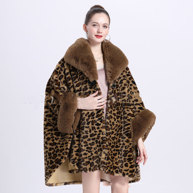 Leopard Print Big Hair Leader Mouth Cardigan Cape Women