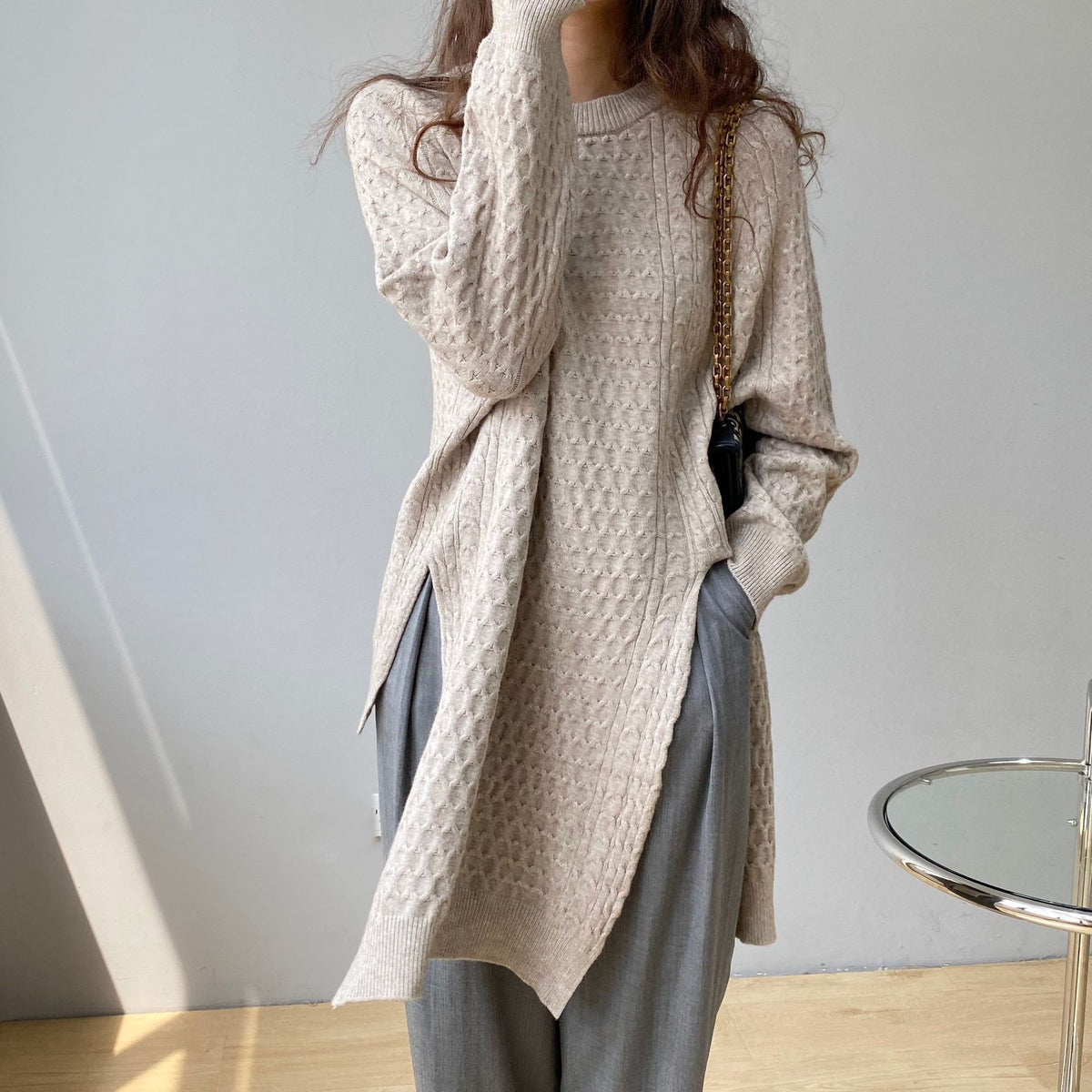 Solid Color Round Neck Twist Irregular Slit Sweater