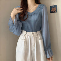 Puff Sleeve New Thin Women's Clothing V-neck Chiffon Stitching Sweater