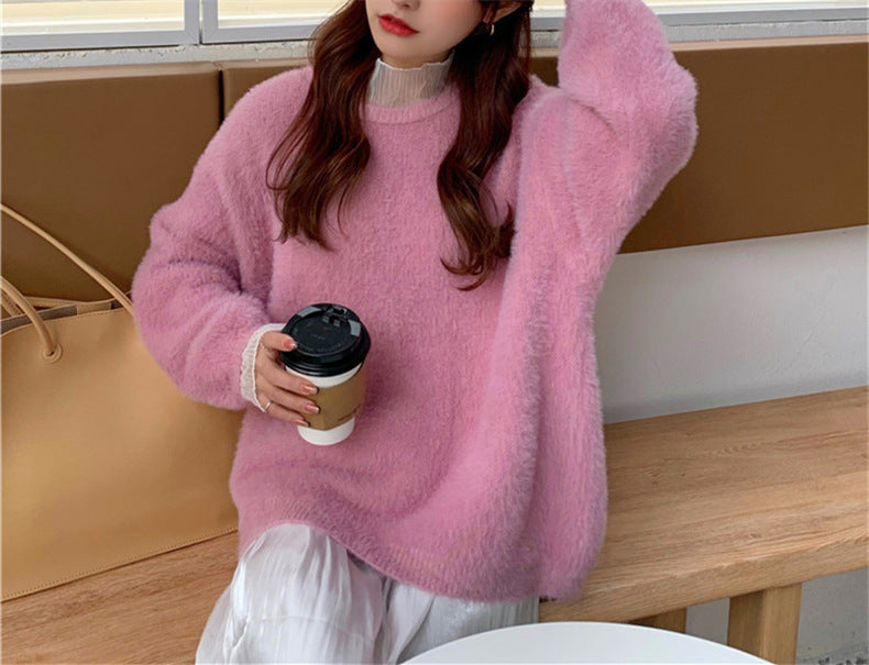 Soft Glutinous Autumn And Winter New Gentle Mink-like Wool Thickened Outer Wear Loose Long-sleeved Stitching Pullover Knitted Sweater For Women