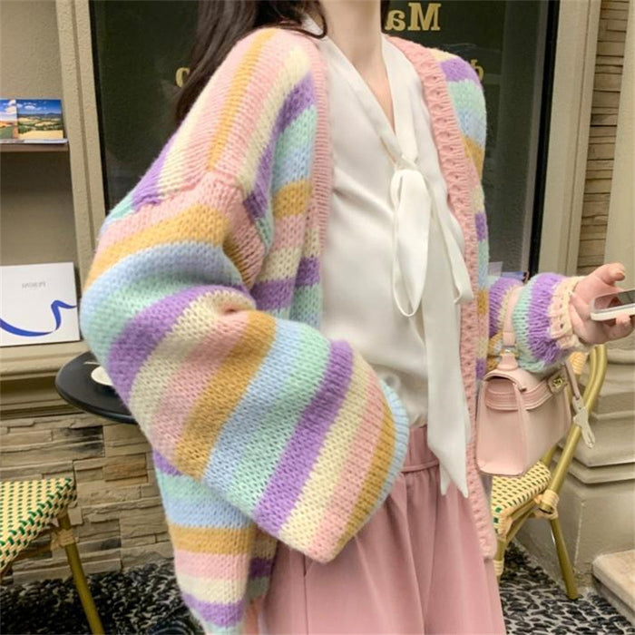 Rainbow Striped Knitted Cardigan For Women Loose Sweater Coat