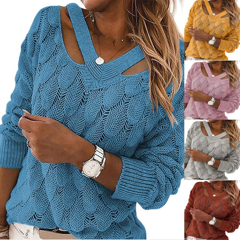 Autumn And Winter Fashion Knitwear V-neck Off-the-shoulder Long-sleeved Sweater