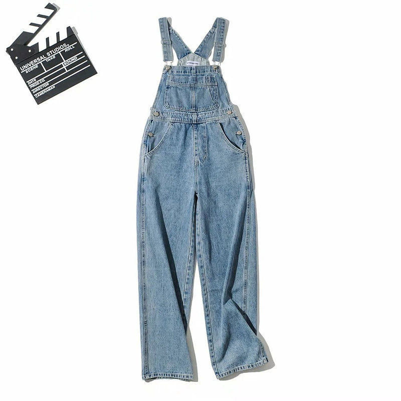 Loose Straight Retro Denim Suspender Pants