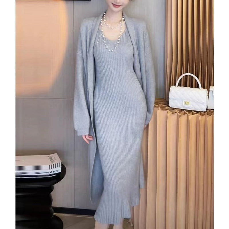 Loose Mid-length Knitted Cardigan Suspender Dress Sweater