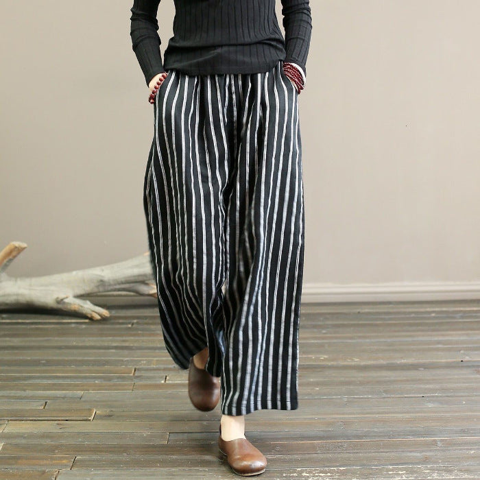 Slimming Draping Casual Retro Cotton And Linen Stripes Wide Leg Pants For Women