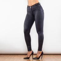 Shascullfites Melody Crackle Black Coated Middle Waist Lift Pants