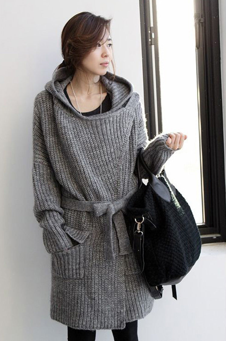 Women's Mid-length Hooded Waist Wide Loose Sweater Coat