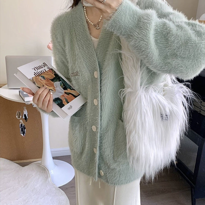 Mink Fur Versatile Sweater Coat Women's Collar Sweet Gentle Loose Knit